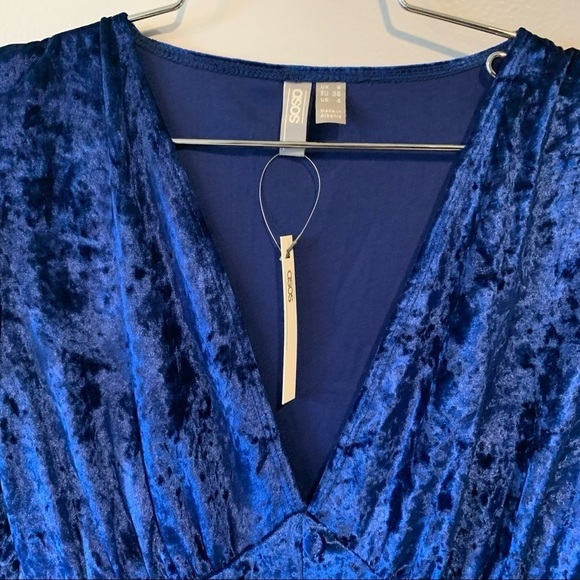 NWT ASOS Blue Velvet Balloon Long Sleeve Bodycon V-Neck Mini Dress Size 4 - Picture 8 of 13